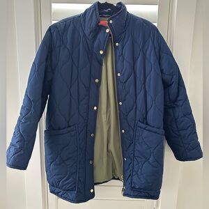 J Crew Navy Quilted Cocoon Jacket with Gold Accents